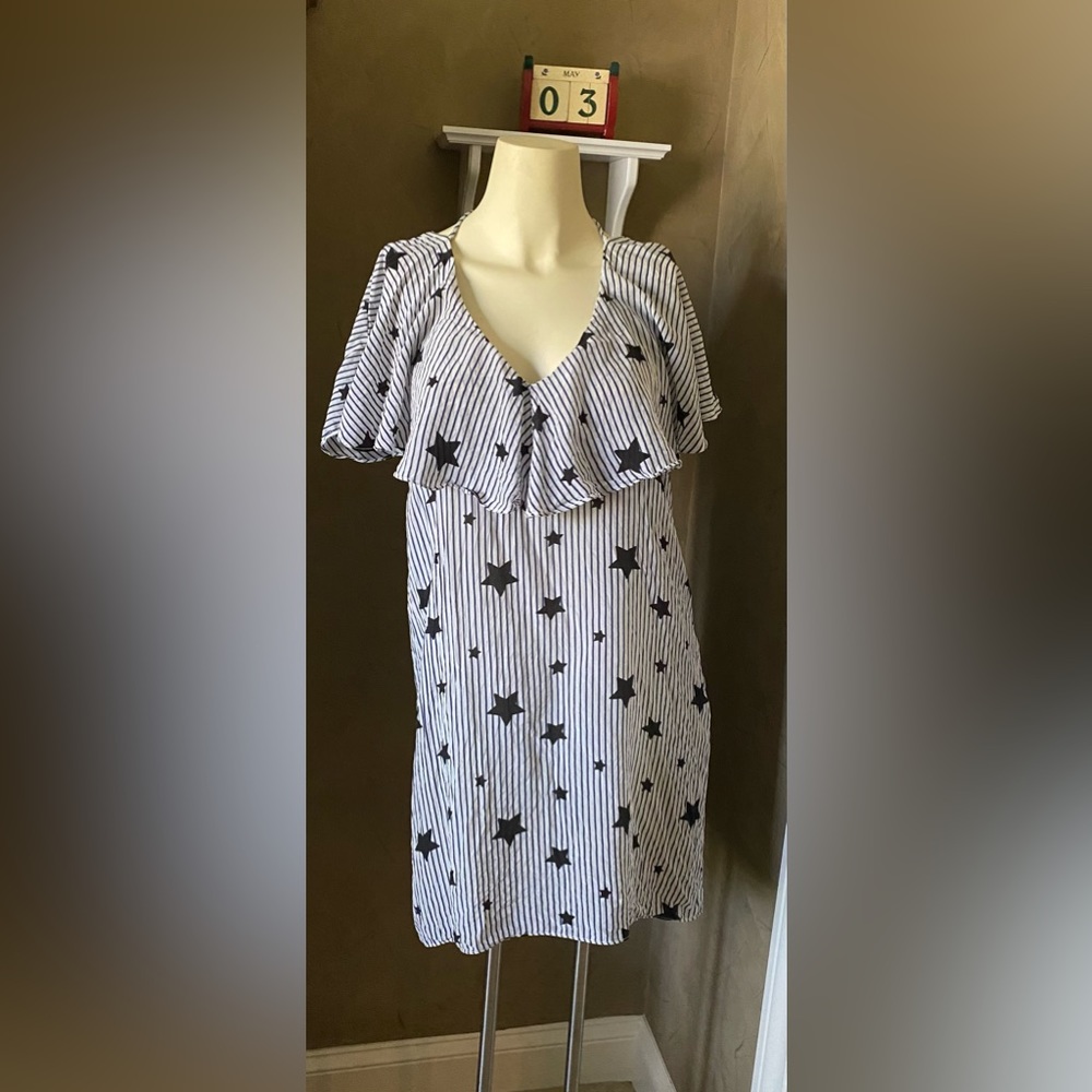 Few Moda 100% silk Women's dress tunic Star Print Vertical Striped Ruffle detail